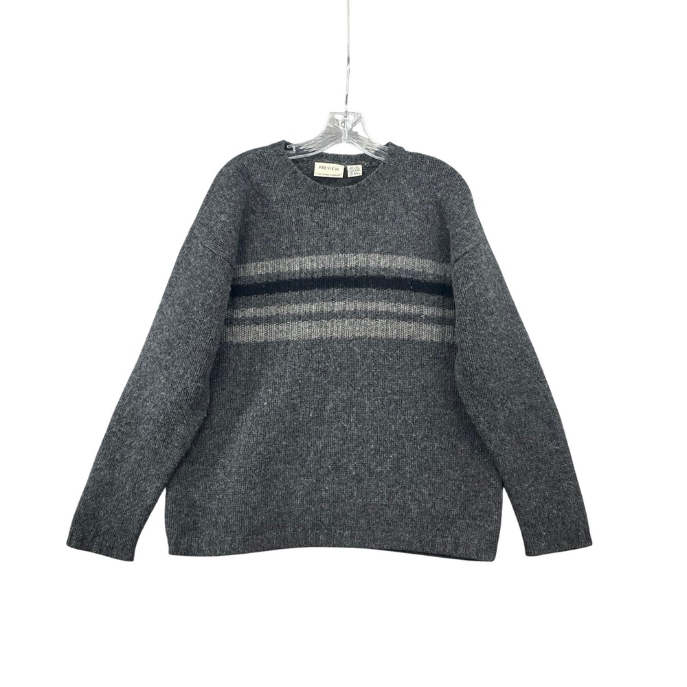 Preview International Wool Sweater Womens L Gray Striped Crewneck Knit Travel